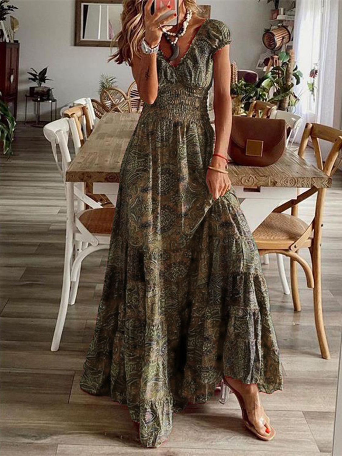 Linda - Full Size Smocked Print V-Neck Short Sleeve Dress