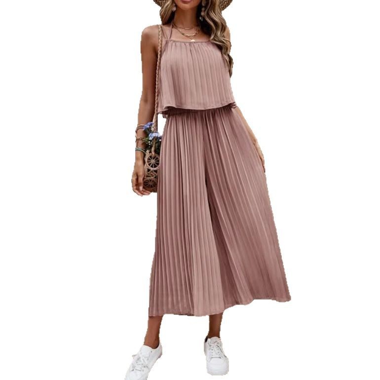 Loose summer set with thin strap top and long pleated skirt