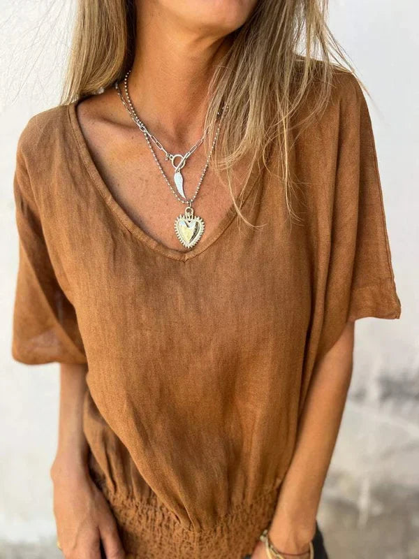 Jessica - Cotton and linen V-neck top with gathered hem