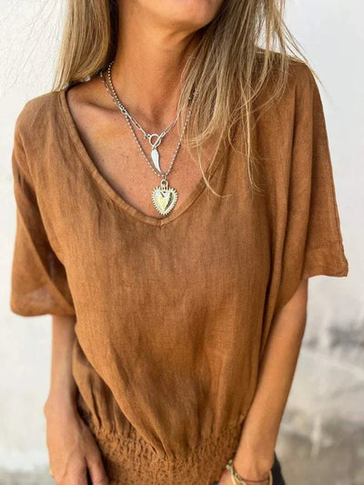 Jessica - Cotton and linen V-neck top with gathered hem