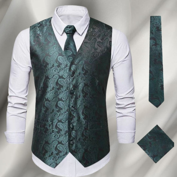 Elegant classic style men's vest, tie and handkerchief set