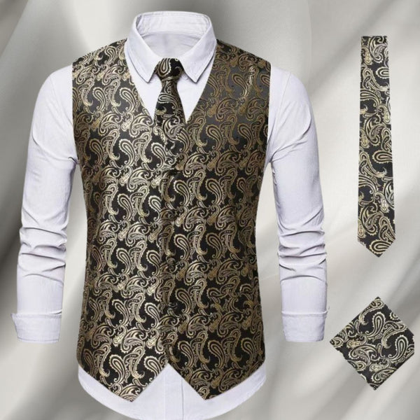 Elegant classic style men's vest, tie and handkerchief set