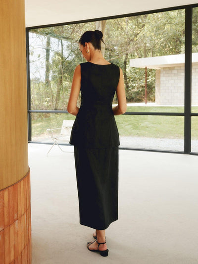 Women's classic sleeveless button-down cardigan and long skirt set