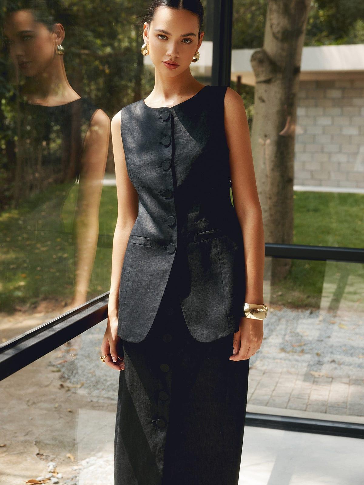 Women's classic sleeveless button-down cardigan and long skirt set