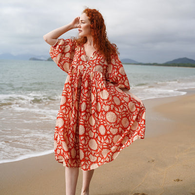 Floral print summer midi dress with three-quarter sleeves