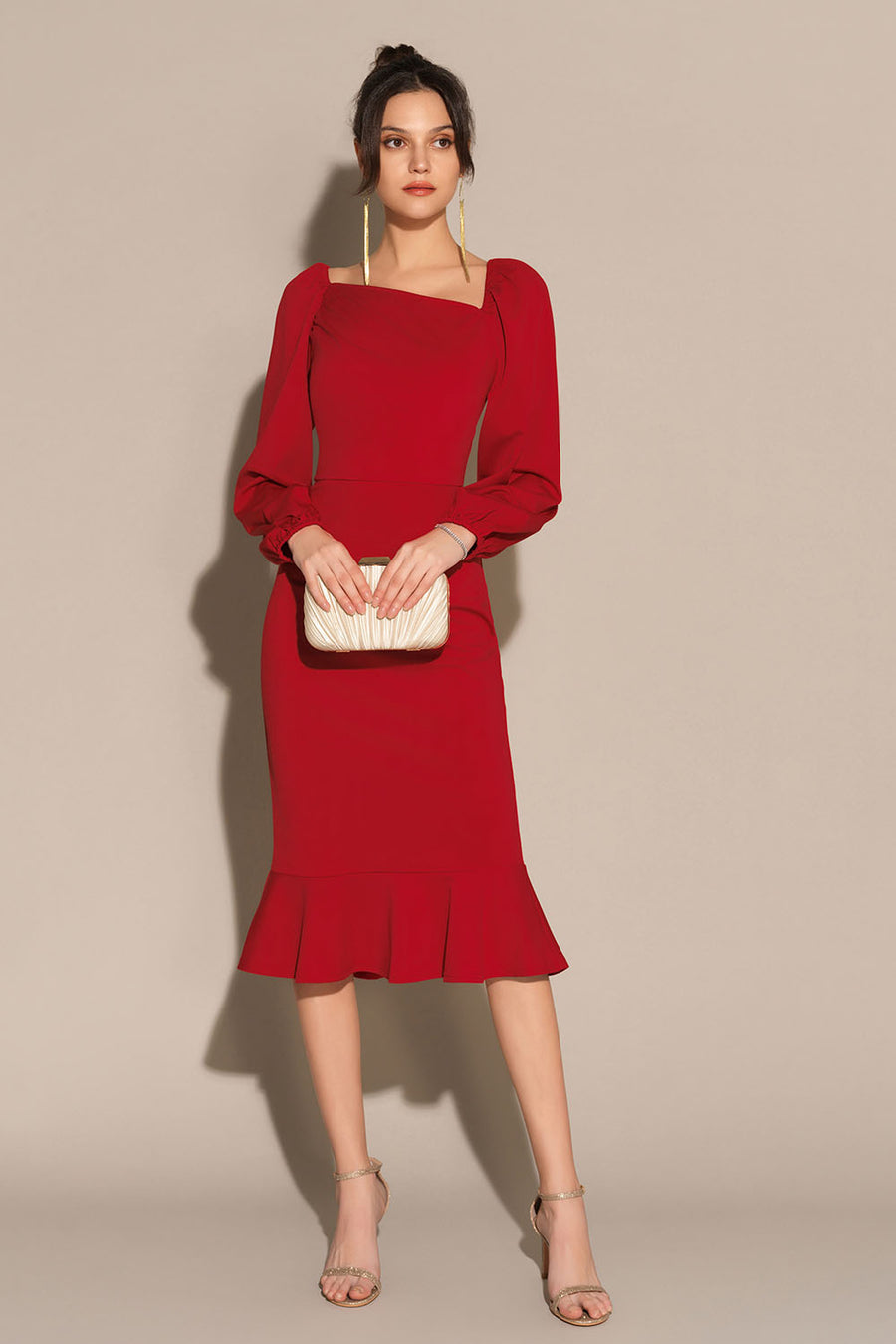 Elegant midi evening dress with a square neckline and long sleeves