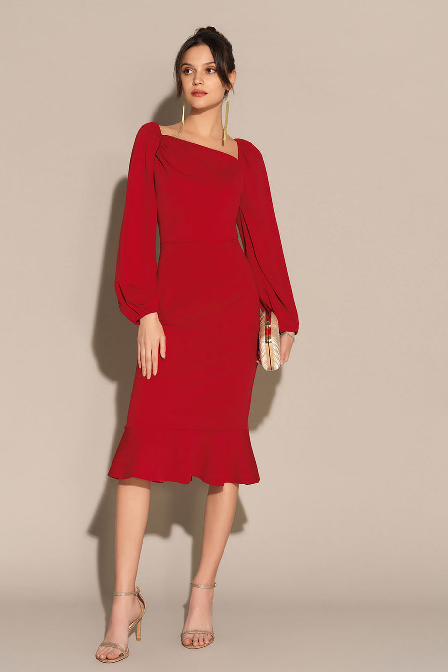 Elegant midi evening dress with a square neckline and long sleeves