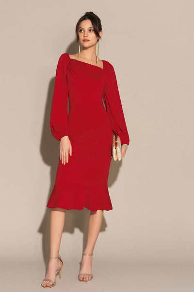 Elegant midi evening dress with a square neckline and long sleeves