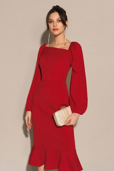 Elegant midi evening dress with a square neckline and long sleeves
