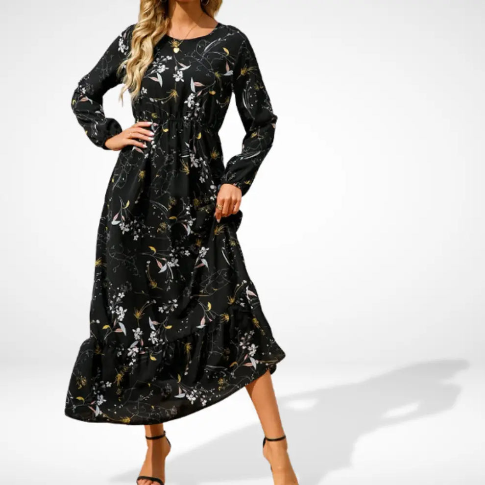 Loose long dress with floral print and long sleeves