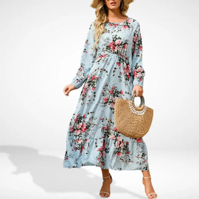 Loose long dress with floral print and long sleeves