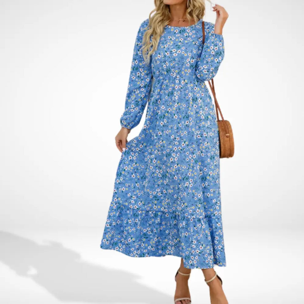 Loose long dress with floral print and long sleeves