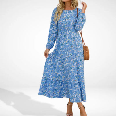 Loose long dress with floral print and long sleeves