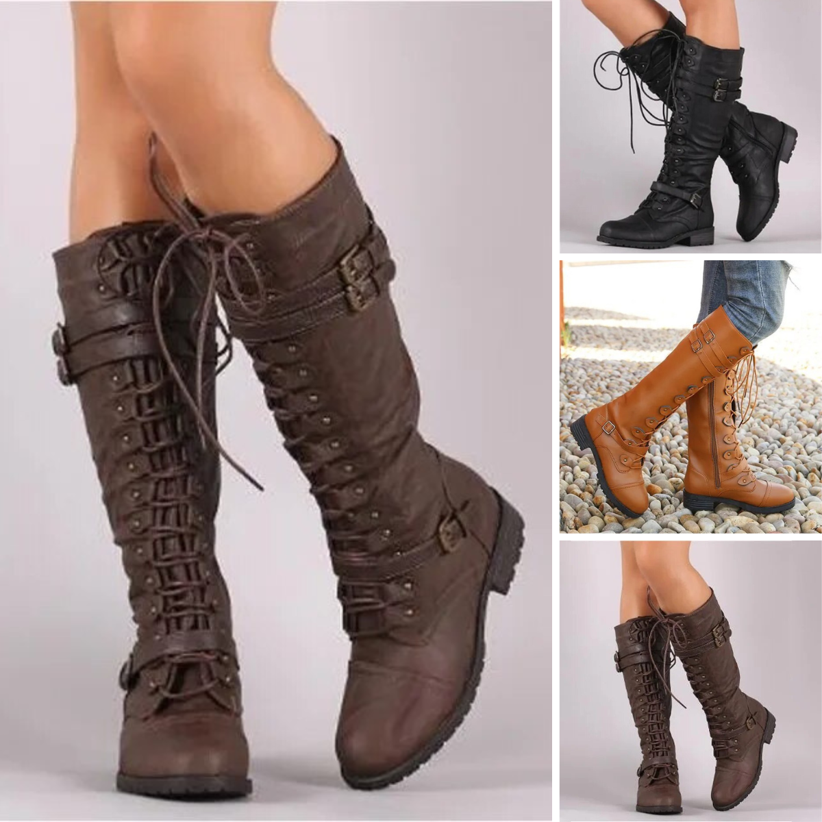 Women's tall boots with stylish lace-up and strap design