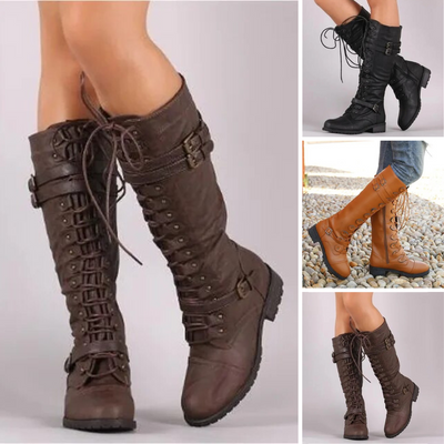 Women's tall boots with stylish lace-up and strap design