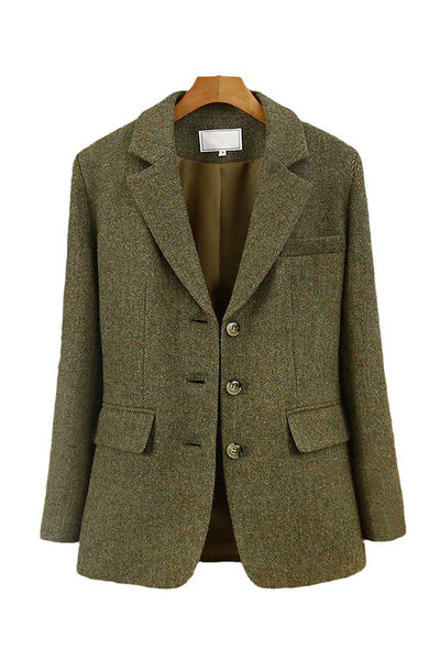 Women's Green Blazer with Notch Lapels in Elegant Tweed