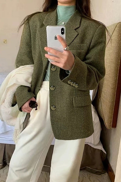 Women's Green Blazer with Notch Lapels in Elegant Tweed