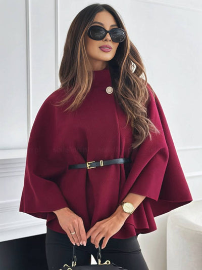 Women's short poncho coat with buttons, belt, and batwing sleeves, elegant and casual