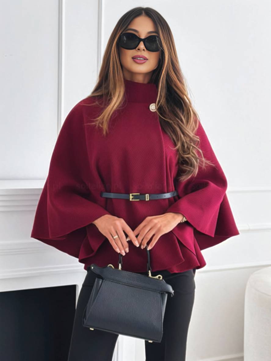 Women's short poncho coat with buttons, belt, and batwing sleeves, elegant and casual