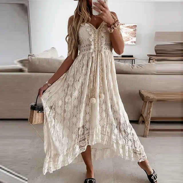 Long summer dress with openwork details and elegant style