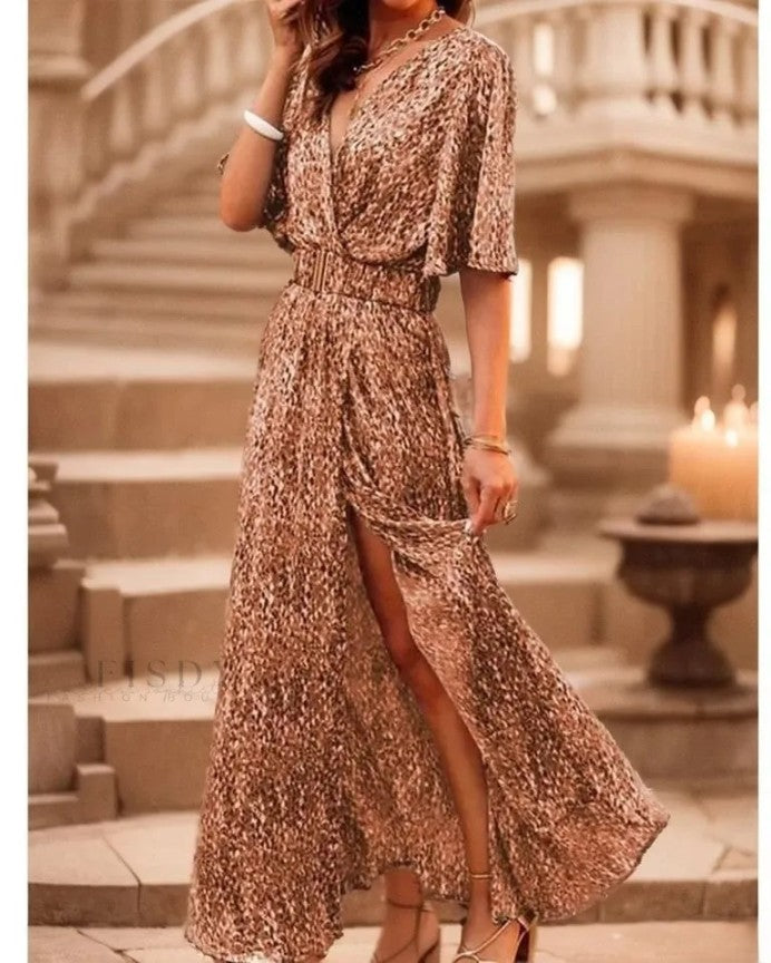 Claudia - Elegant maxi dress with a V-neckline, short sleeves and a stunning floral print