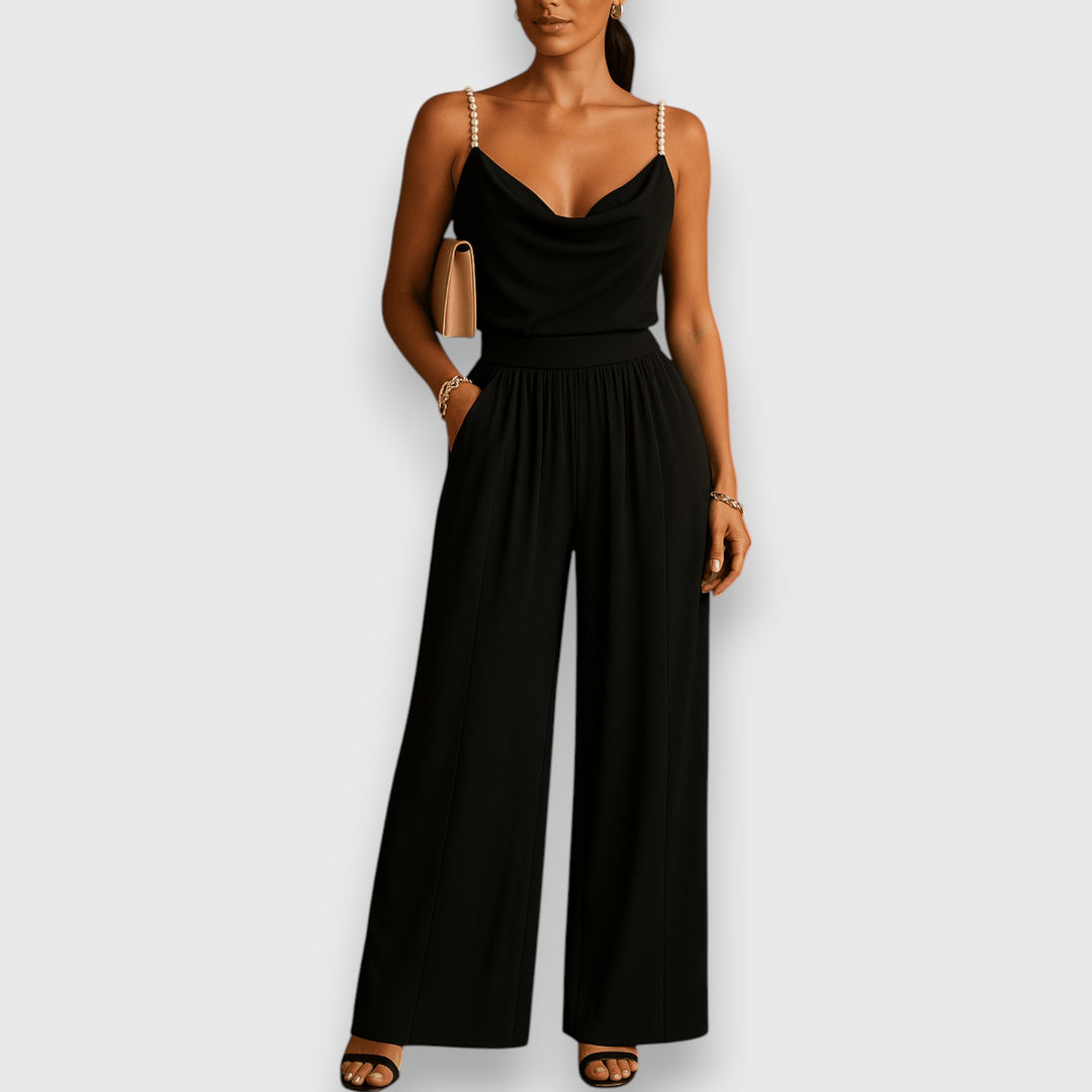 Elegant spaghetti strap jumpsuit with wide pleated pants