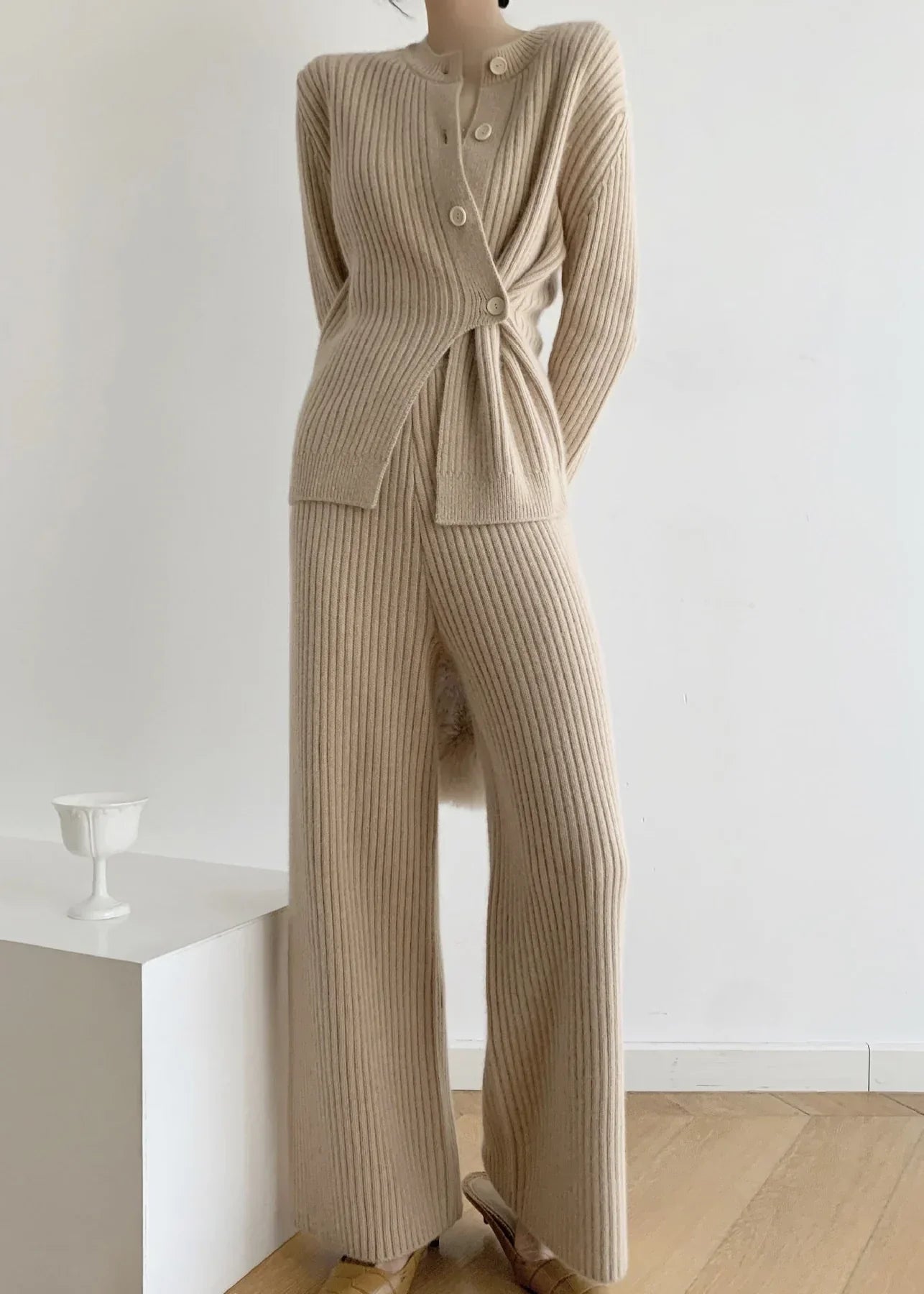 Khaki Button-Down Two-Piece Set with Asymmetrical Design for Fall – Modern Patchwork Style