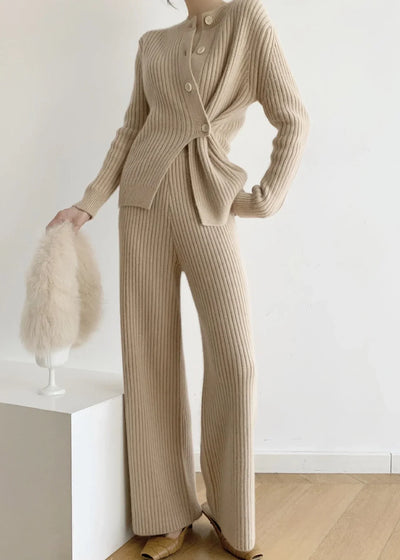 Khaki Button-Down Two-Piece Set with Asymmetrical Design for Fall – Modern Patchwork Style