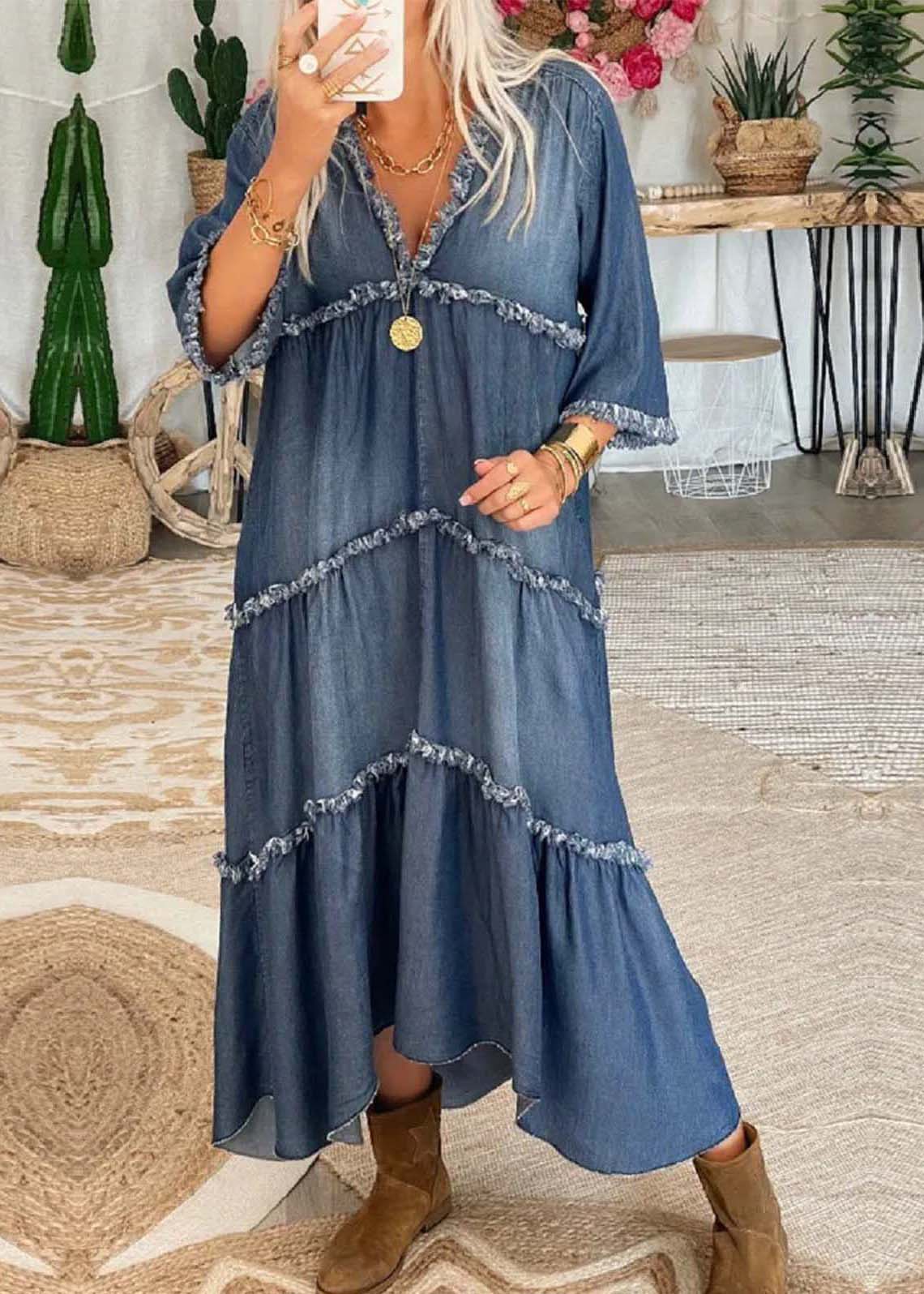 Lola - V-neck denim dress with tassel details