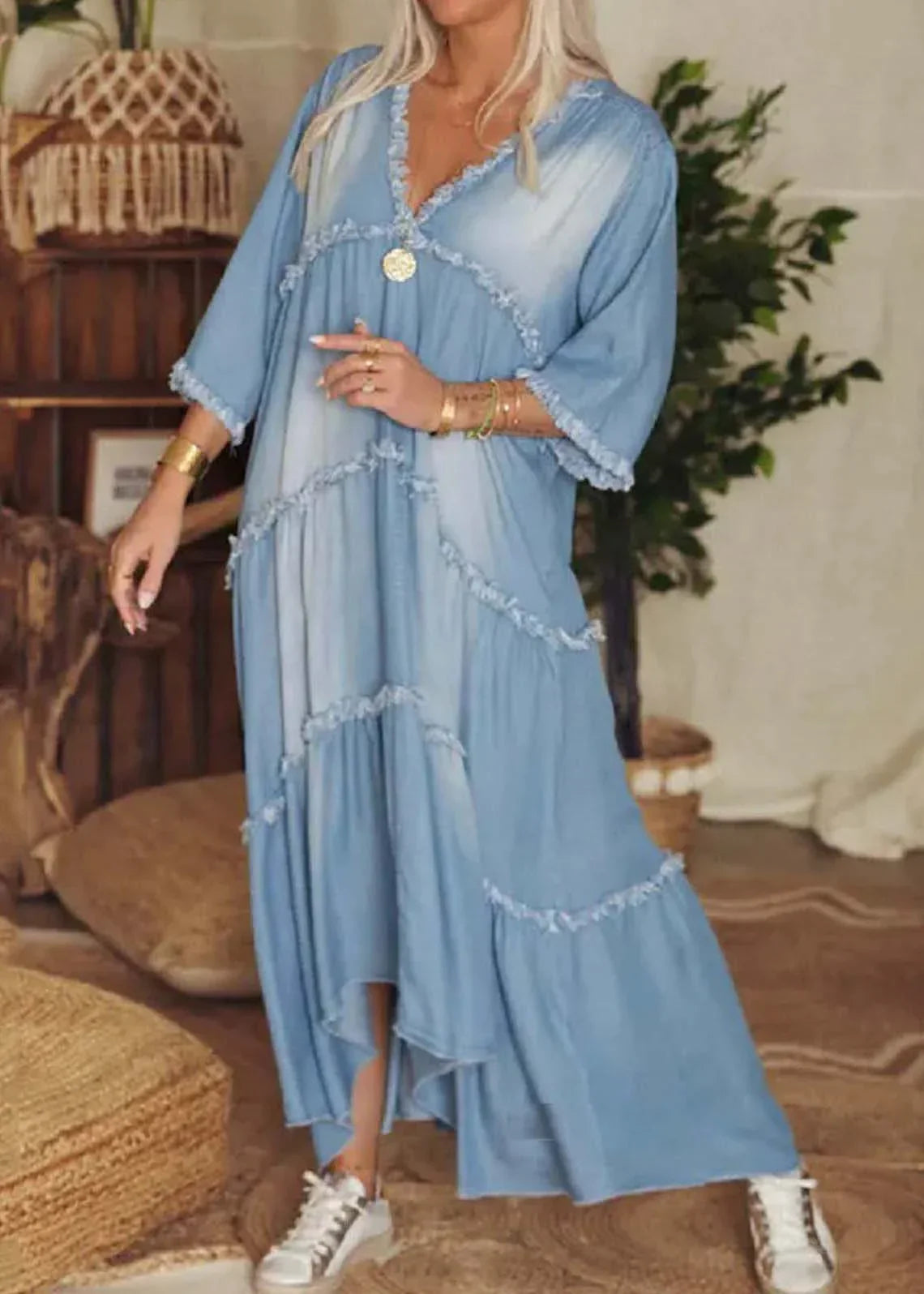 Lola - V-neck denim dress with tassel details