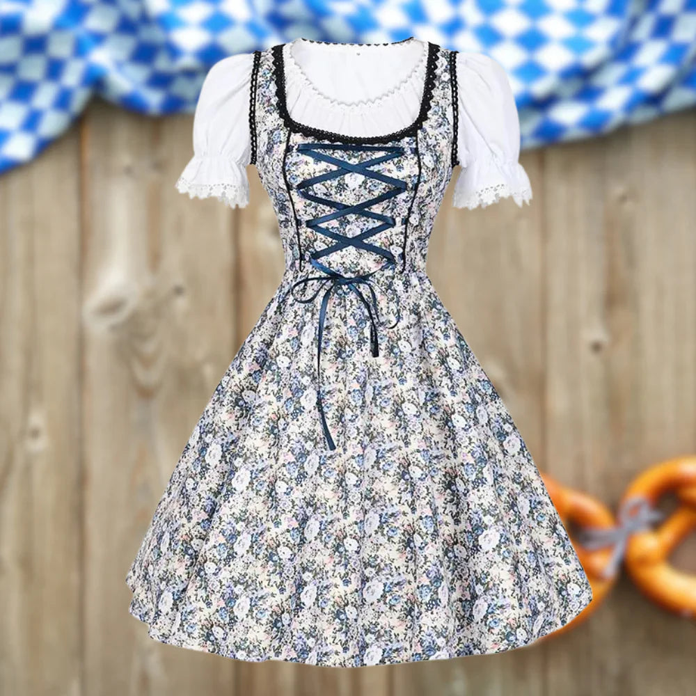 Traditional German dress with floral print and short sleeves