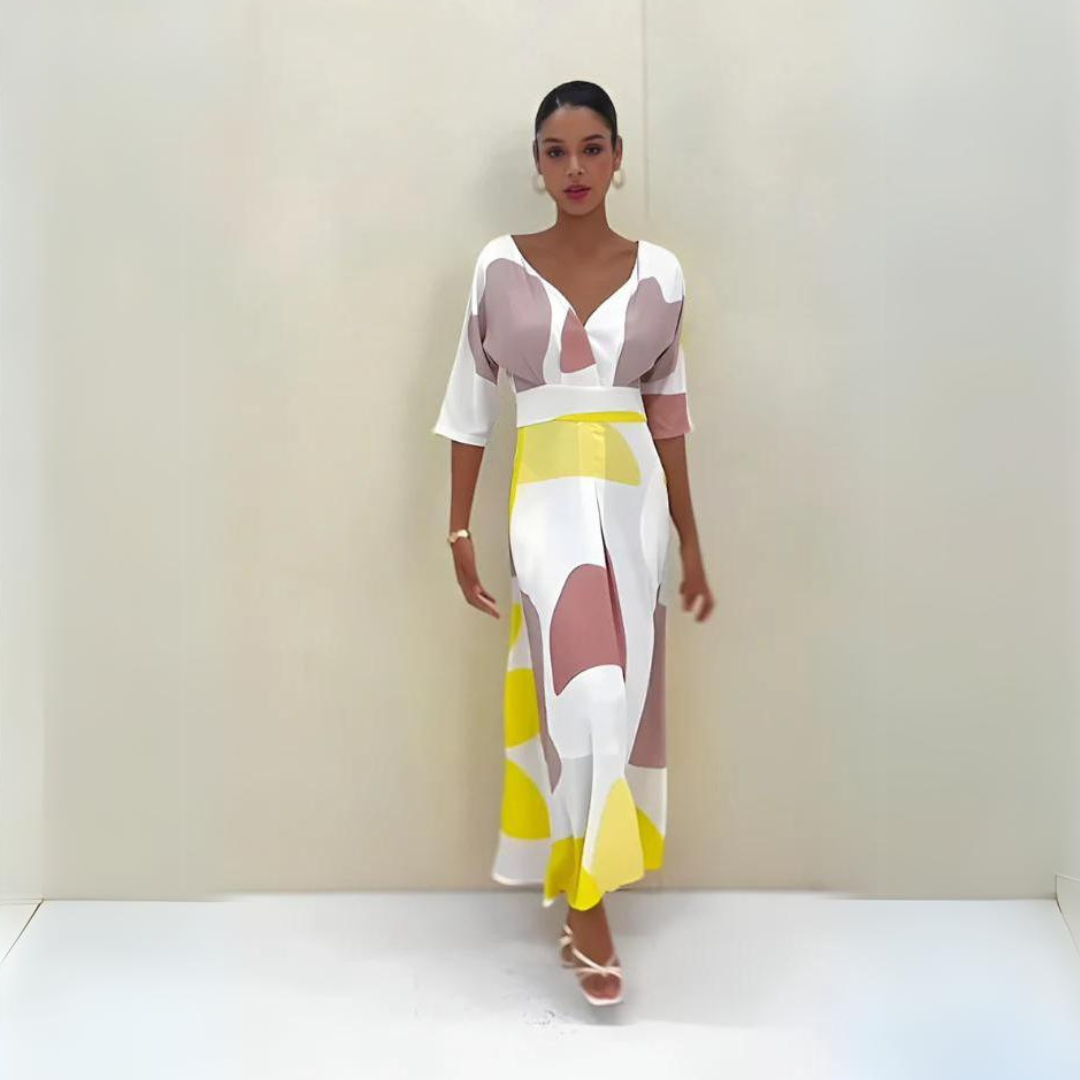Elegant long summer dress with a cut-out neckline and three-quarter sleeves