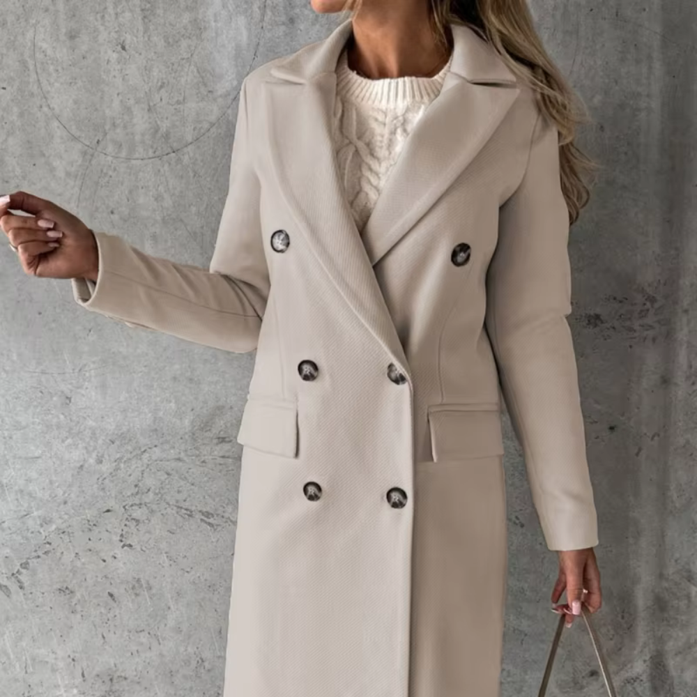 Women's long warm coat with lapels and modern design for daily use