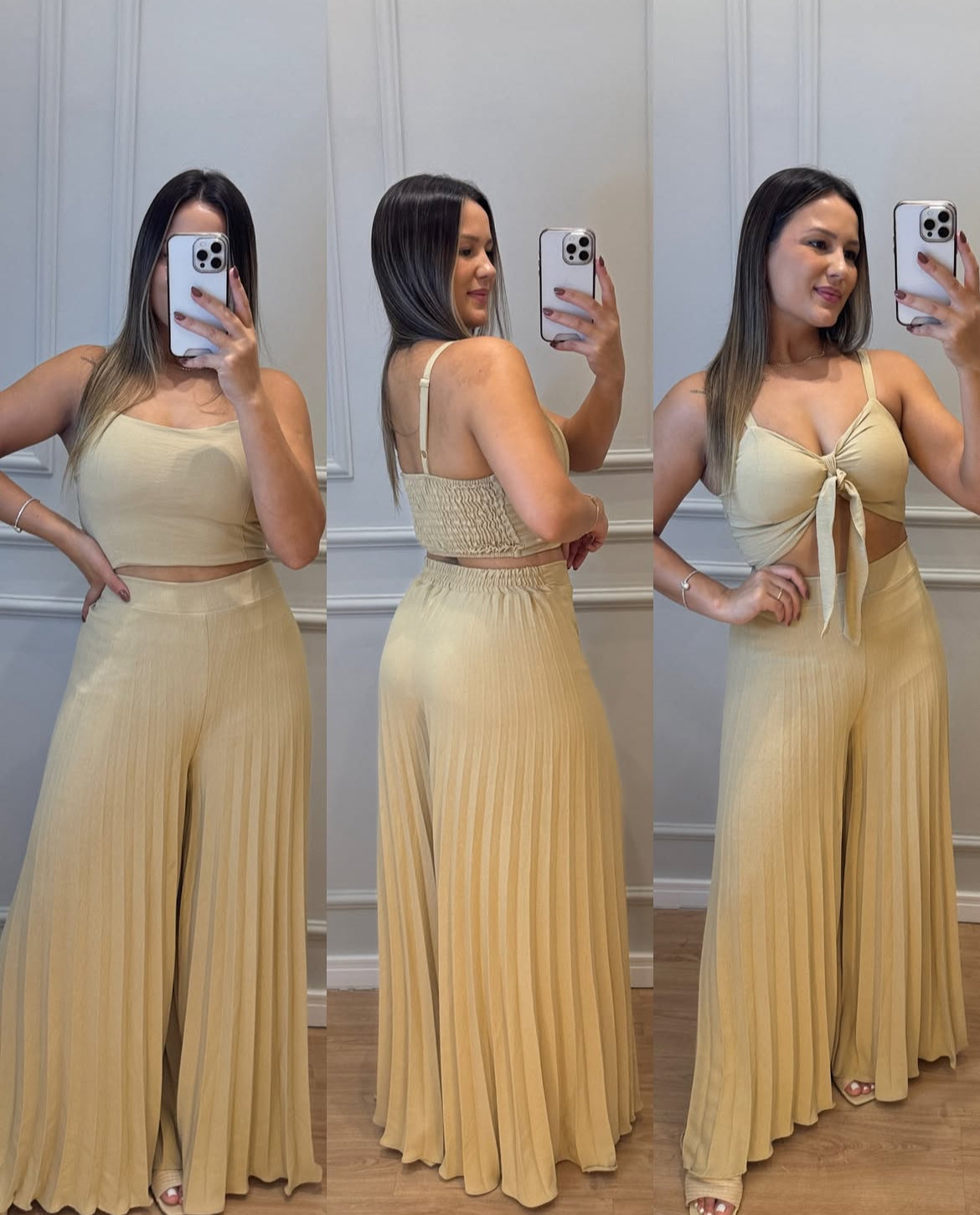 Women's summer set with strappy crop top and pleated wide leg pants
