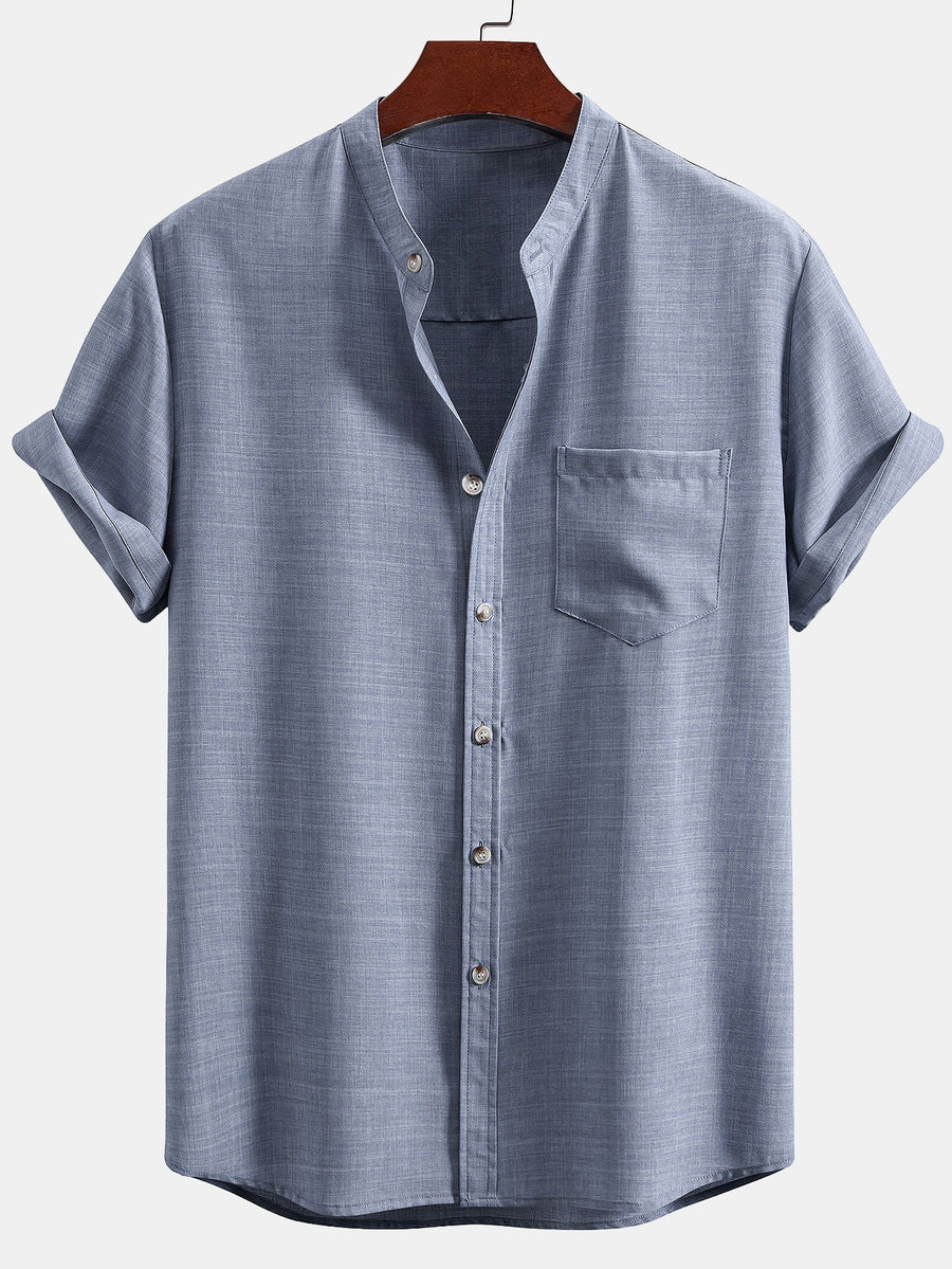 Men's set with short-sleeved mandarin collar shirt and casual straight-leg trousers