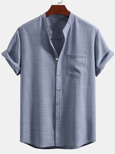 Men's set with short-sleeved mandarin collar shirt and casual straight-leg trousers