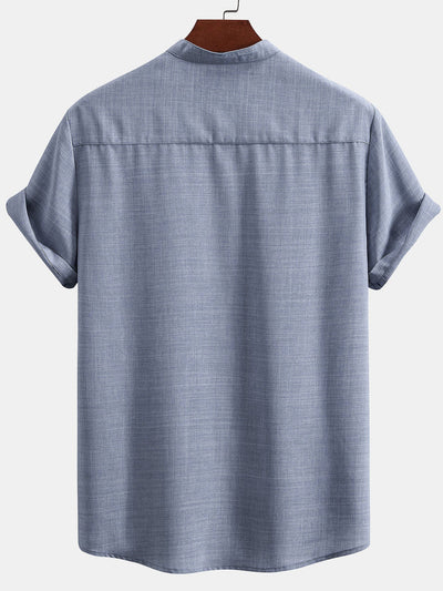 Men's set with short-sleeved mandarin collar shirt and casual straight-leg trousers