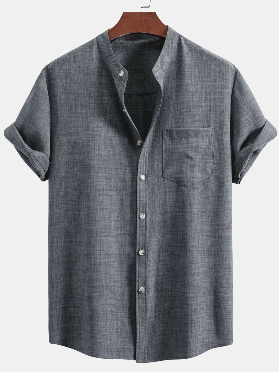Men's set with short-sleeved mandarin collar shirt and casual straight-leg trousers