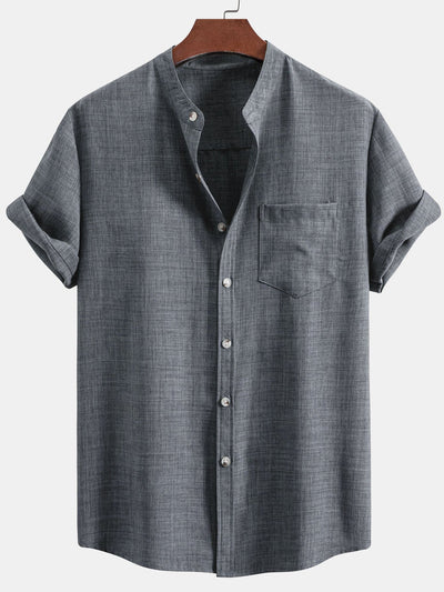 Men's set with short-sleeved mandarin collar shirt and casual straight-leg trousers