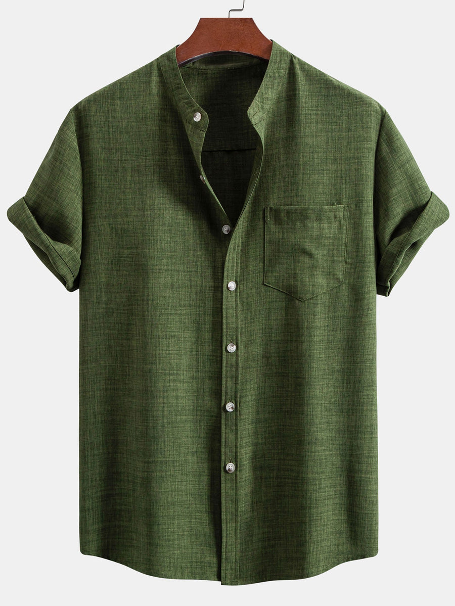 Men's set with short-sleeved mandarin collar shirt and casual straight-leg trousers