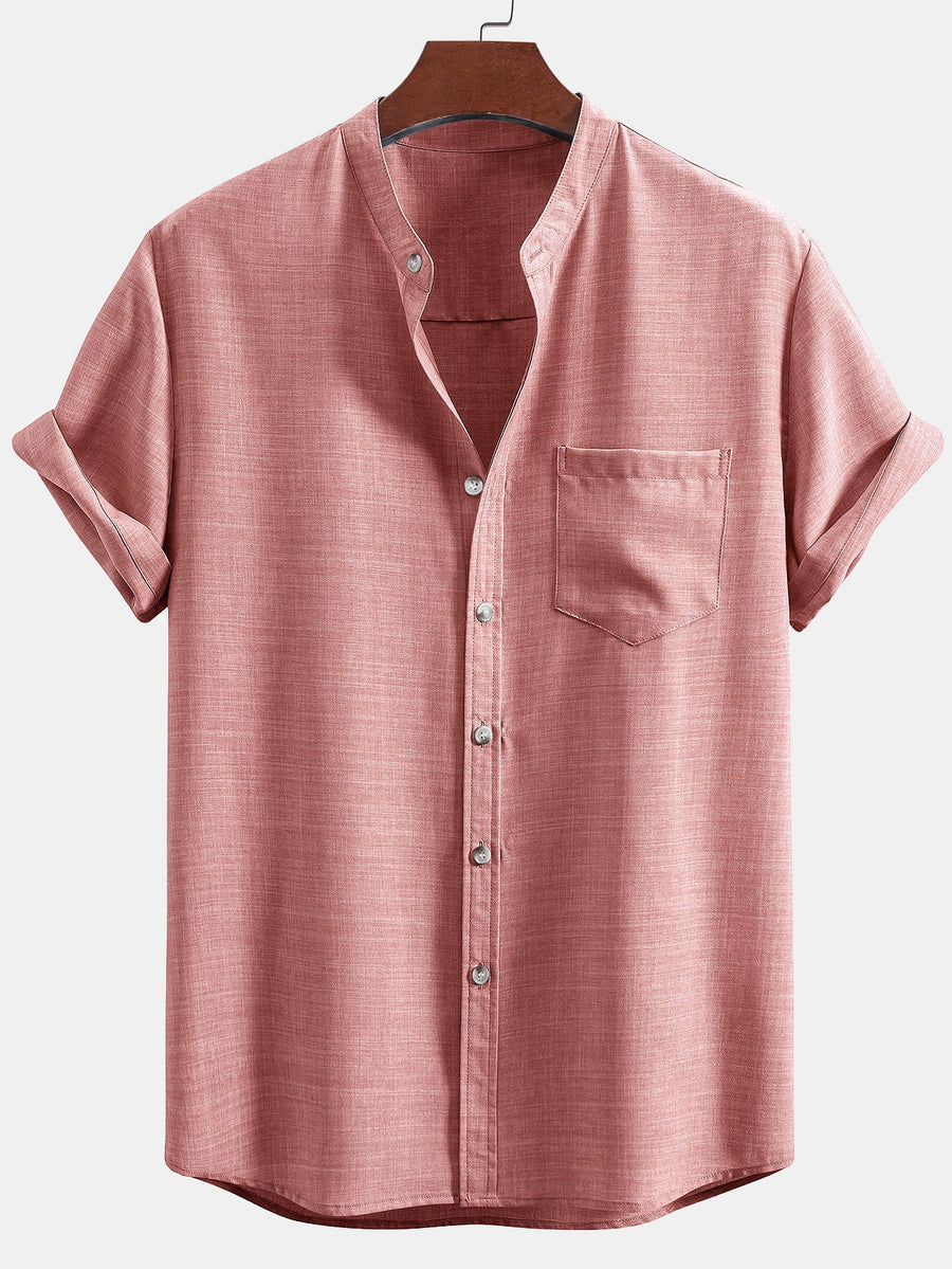 Men's set with short-sleeved mandarin collar shirt and casual straight-leg trousers