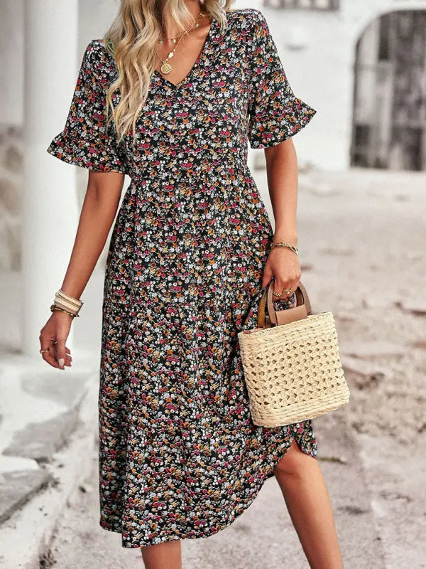 Daisy - Elegant short-sleeved V-neck dress