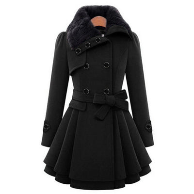 Women's long winter coat with unique collar design