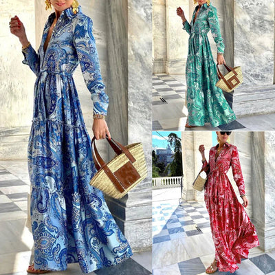 Laura - Pleated Maxi Party Dress with Long Lapel and Bohemian Floral Print