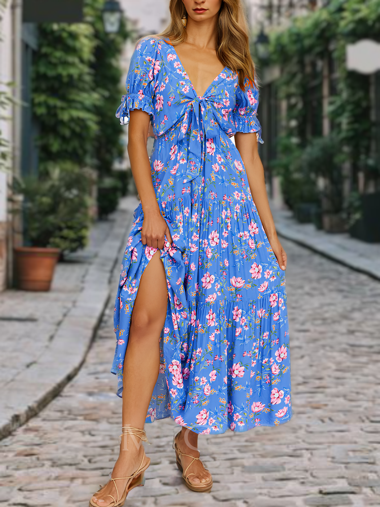 Karol - Casual Floral Print Beach Dress with Short Sleeves and V-Neck with Slit