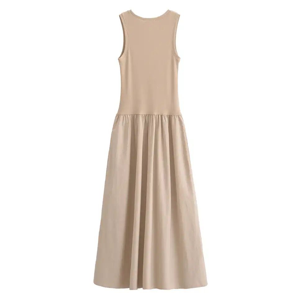 Long sleeveless casual dress with a flowing drape