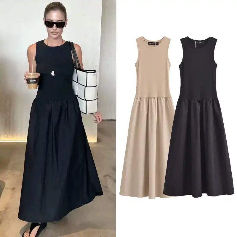 Long sleeveless casual dress with a flowing drape
