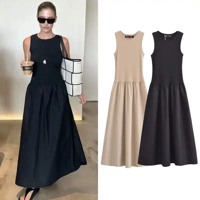 Long sleeveless casual dress with a flowing drape