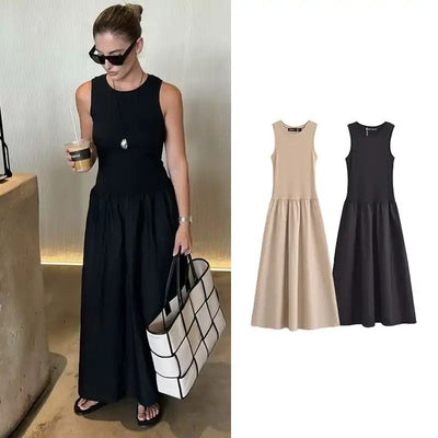 Long sleeveless casual dress with a flowing drape