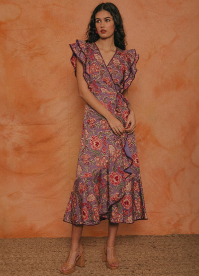 Elegant midi dress with retro floral print and loose butterfly sleeves